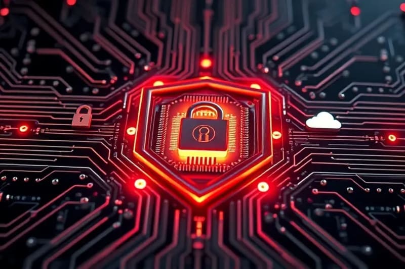 3D render of conceptual cybersecurity solutions with interlocking geometric shapes forming a protective shield around a glowing data core