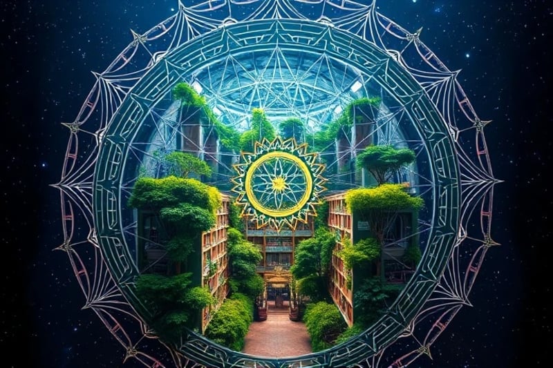 Building cross-section with biophilic elements and energy flows