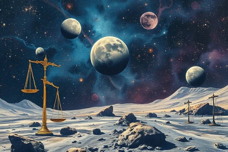 Symbolic depiction of international law and sovereignty in space with legal documents and celestial bodies