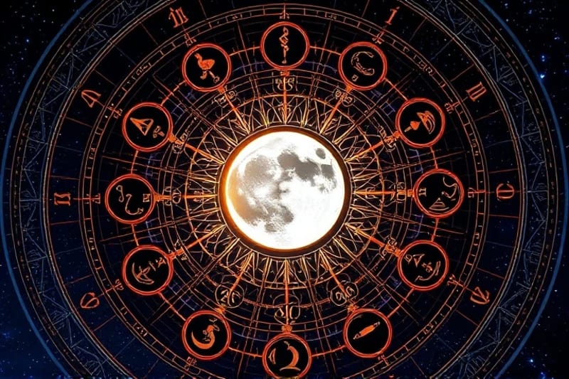 Stylized lunar calendar wheel with 28 segments and cosmic iconography