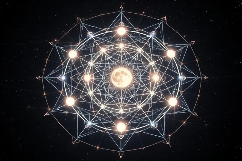 Abstract cosmic energies with glowing threads and pulsating spheres