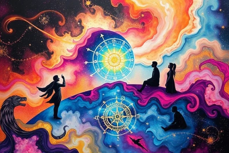 Stylized human figures on digital planet with ethical compass and cosmic network