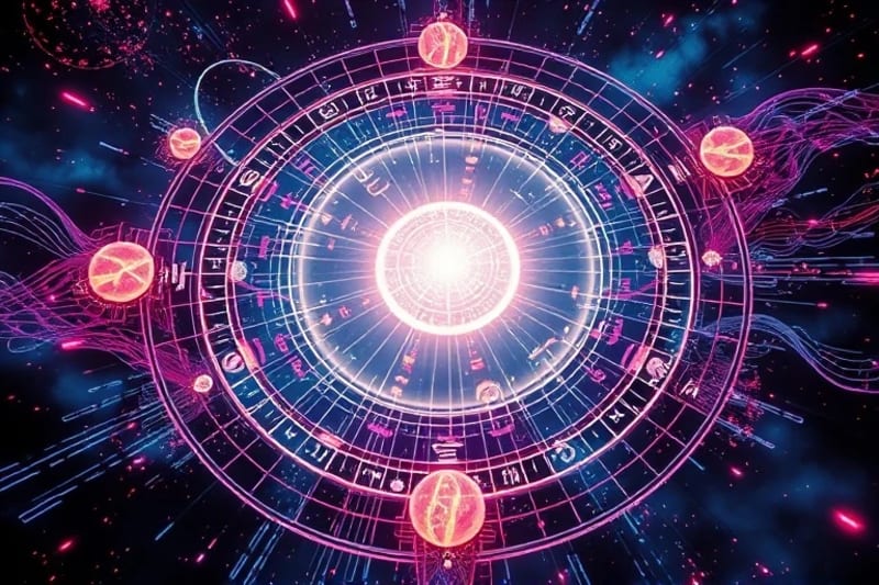 Abstract 3D render of interwoven energy patterns and sound waves emanating from glowing planetary spheres
