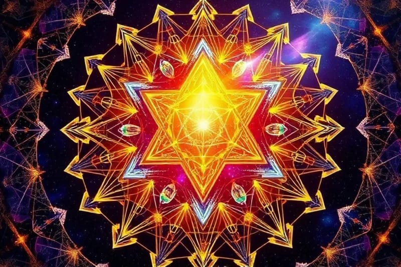 Stylized alchemical laboratory with crystalline geometric structures glowing, representing transformation and energetic flows within matter.