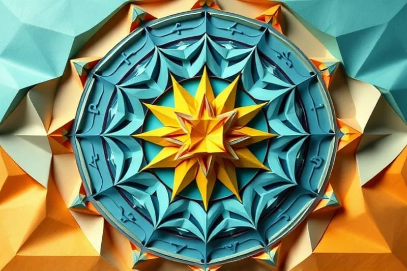 Abstract vector art showing interlocking geometric shapes and lines expanding, symbolizing the dynamic process of reality creation and energy flow.