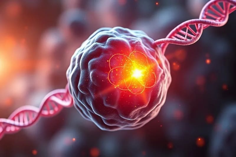 Representación artística de la terapia génica en una célula humana con efectos curativos y regenerativos