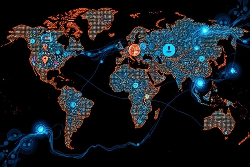 Representación abstracta de un mapa global con líneas de conexión y nodos que simbolizan la cooperación internacional y las tensiones geopolíticas por los recursos hídricos