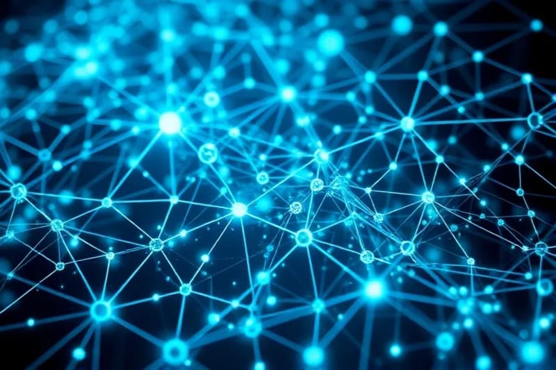 A complex, three-dimensional network of interconnected nodes and lines, glowing with ethereal blue and green light, representing the intricate pathways of modern wireless communication. Scattered among the nodes are subtle, stylized gears and clockwork mechanisms.