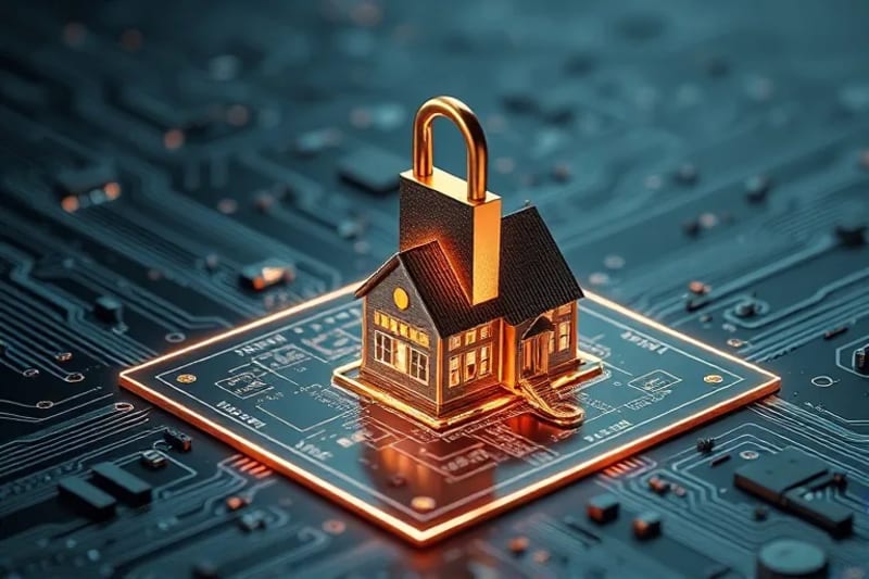Conceptual still-life of virtual property: glowing digital key, holographic blueprint of virtual estate, digital coins, blockchain ledger