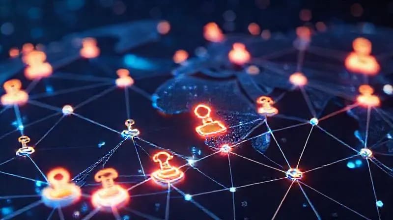 Abstract vector art of digital identity and jurisdiction: interconnected nodes, legal gavels, biometric scan patterns, global network