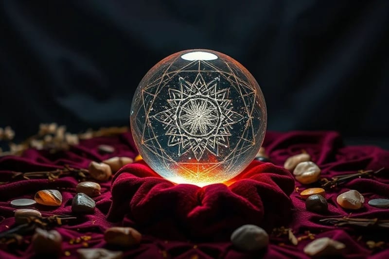 A crystal ball on velvet, surrounded by ritualistic herbs and stones.