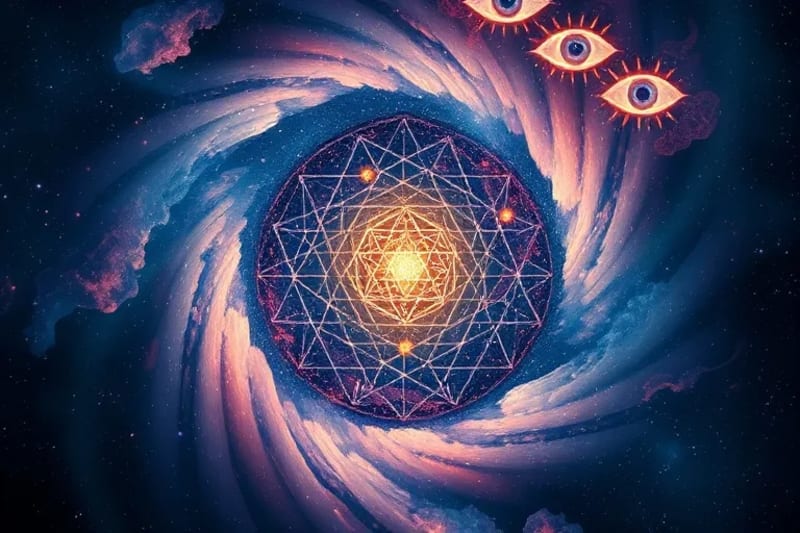 Abstract representation of the subconscious mind with swirling colors and symbolic shapes.