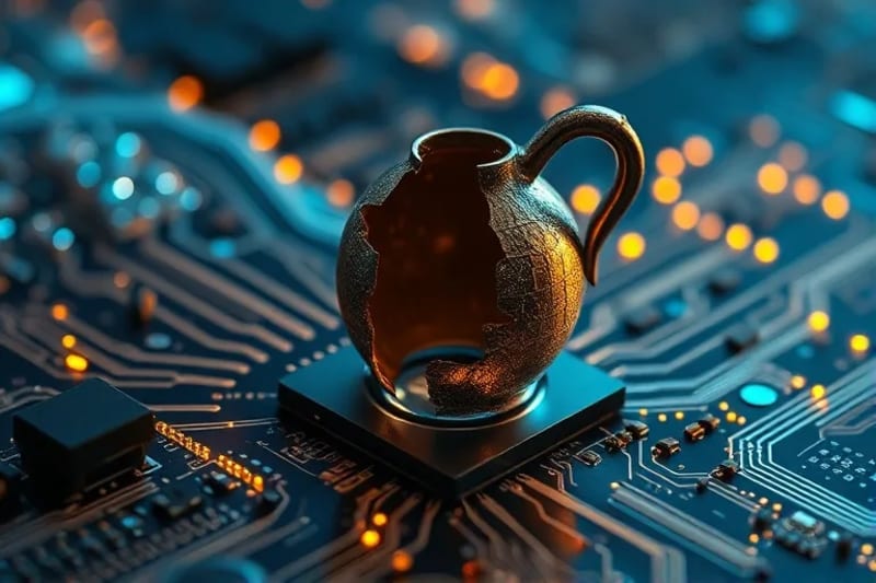Ánfora griega rota derramando código digital sobre una placa de circuito, simbolizando la fusión de mitos y tecnología.