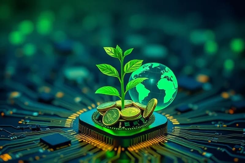 Representación conceptual de un nodo blockchain con energía verde y un brote de planta, simbolizando el crecimiento sostenible.