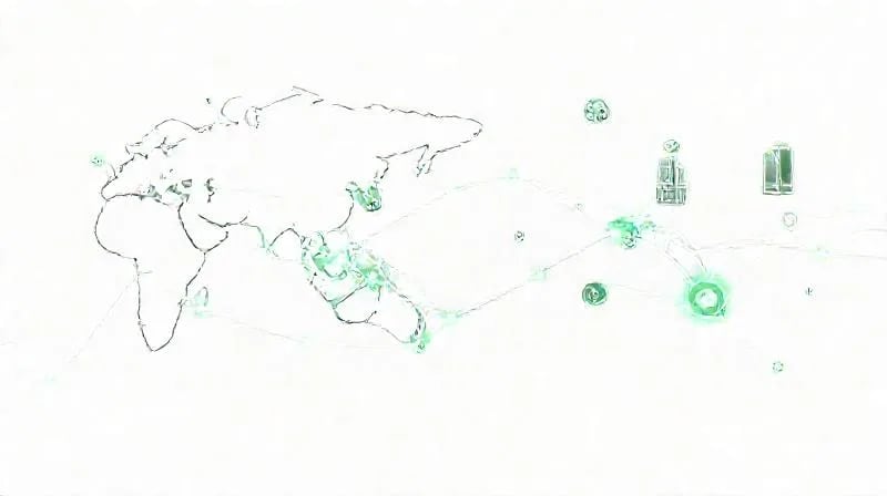 Representación abstracta de la conectividad financiera global con flujos de datos verdes y símbolos monetarios, enfocándose en mercados emergentes.