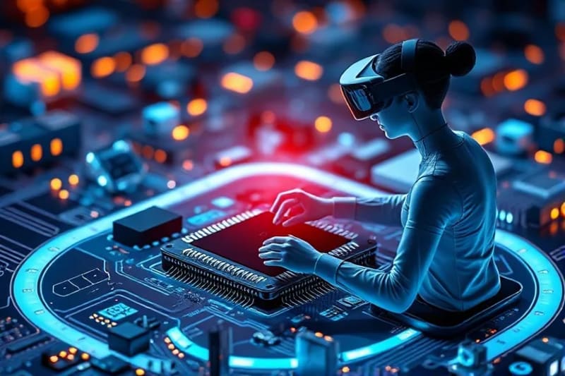 Tutor de IA holográfico interactuando con un estudiante en un entorno de realidad virtual, mostrando contenido adaptativo.