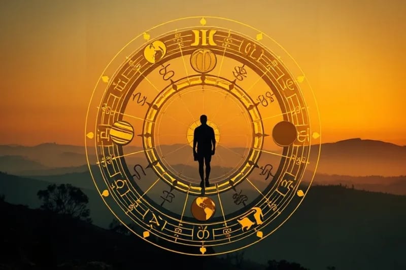 Stylized circular zodiac signs with geometric lines connecting to classical planet symbols