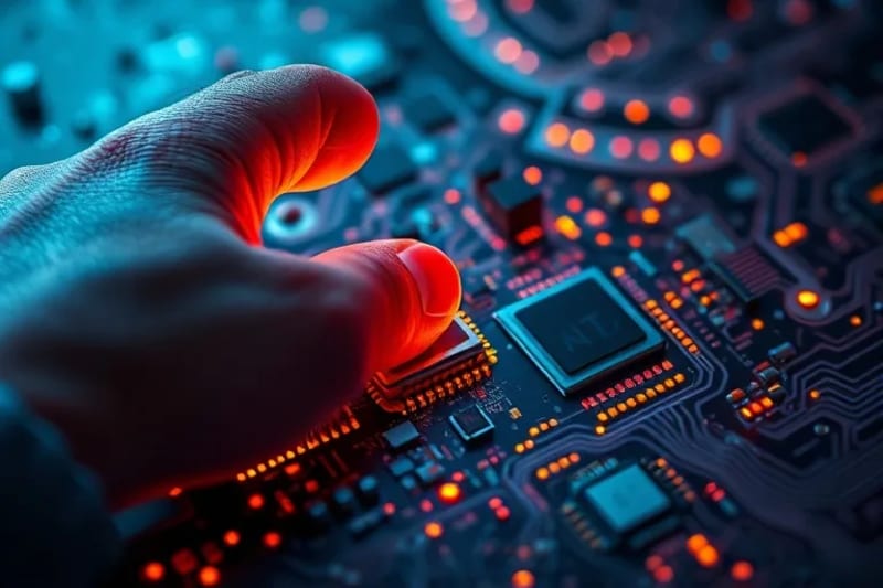 Mano humana con patrones bioluminiscentes interactuando con un circuito electrónico complejo