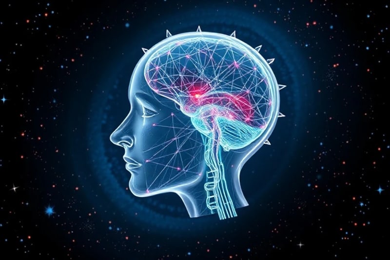 Representación 3D de una cabeza humana transparente con redes neuronales y flujos de datos brillantes