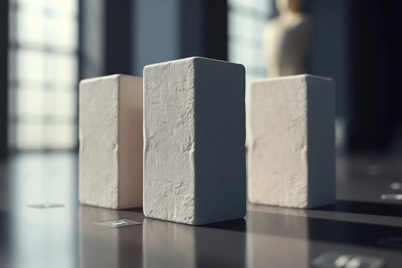 Fotografía macro de una balanza perfectamente equilibrada con bloques idénticos en un lado y un bloque irregular en el otro, simbolizando el sesgo algorítmico.
