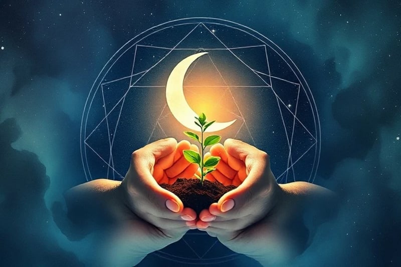 Hands planting a seedling under a crescent moon, symbolizing lunar influence on growth.