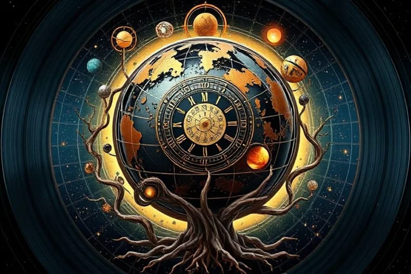 Abstract globe intertwined with clockwork and planetary symbols, representing cosmic timing.