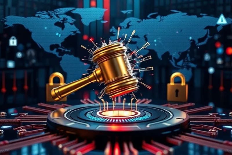 3D render of a digital gavel breaking through a virtual barrier, symbolizing legal challenges