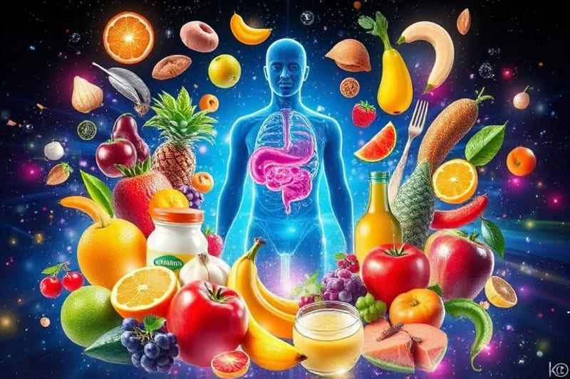 Colorful, healthy foods like fruits, vegetables, and fermented items arranged around a human silhouette, symbolizing comprehensive nourishment.