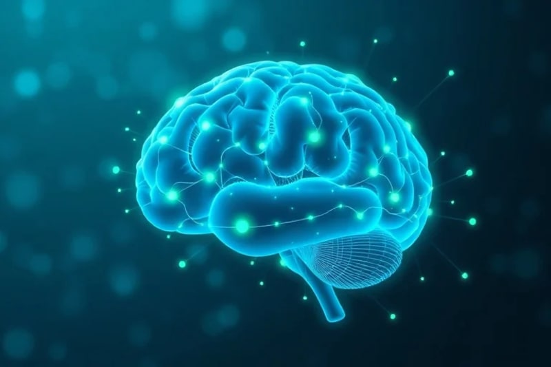 Abstract depiction of cognitive well-being with glowing neural pathways forming a balanced brain icon, surrounded by subtle healthy gut flora elements.