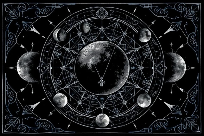 Vector art representing abstract lunar cycles and esoteric symbols, highlighting hidden truths and subconscious depths.