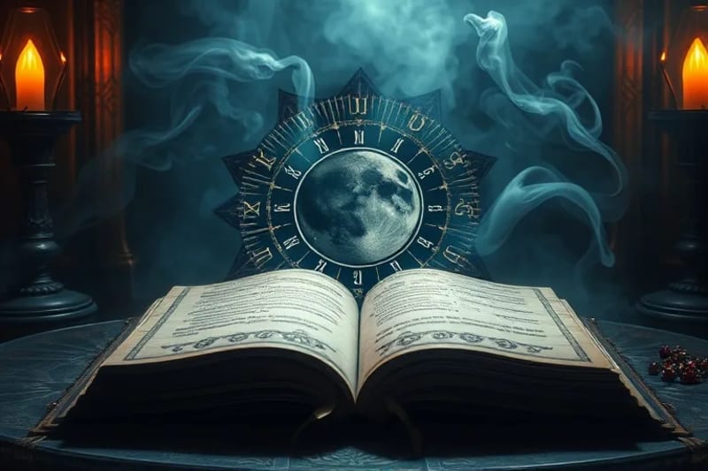 Digital painting of an ancient grimoire open to a natal chart diagram with a dark moon symbol, surrounded by mystical elements.