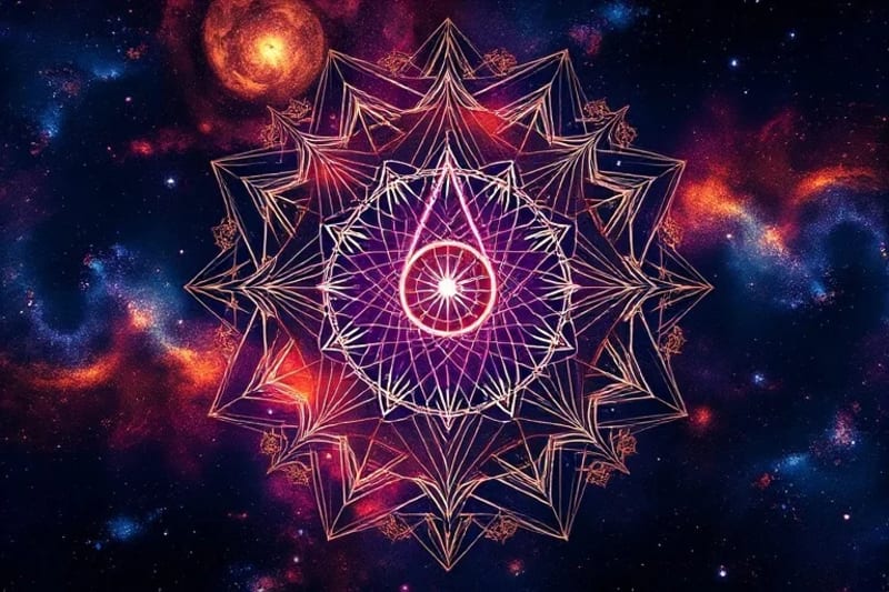 Abstract representation of intertwining cosmic energies and human psyche. Swirling nebulae colors merging with neural pathways. Symbolic elements like a balanced scale or a key unlocking a hidden chamber, representing integration and understanding of outer aspects.