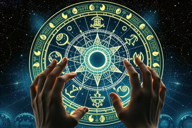A complex astrological chart rendered as a holographic projection, with various planetary symbols and aspect lines glowing. In the foreground, hands gently reaching towards the projection, signifying active engagement and personal growth.