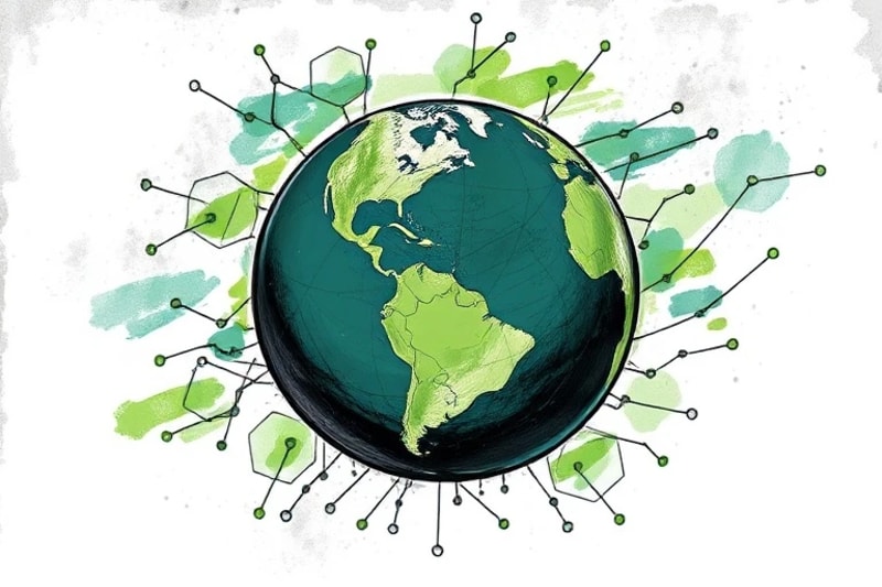 Stylized globe with energy patterns and neural network lines