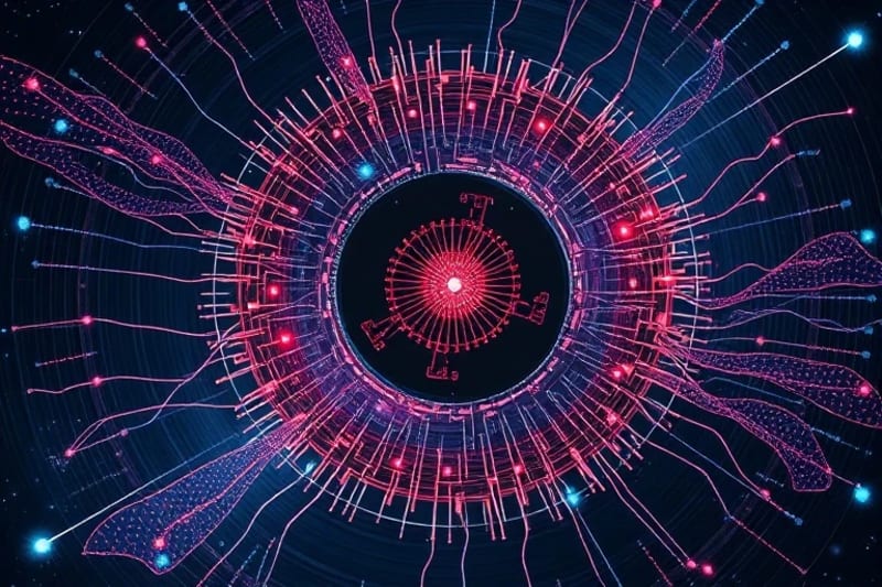3D render of interwoven tokamak and neural network structure with glowing data streams