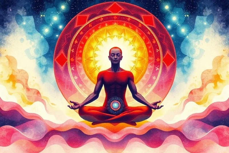 Watercolor illustration of a person's aura being cleansed by translucent, colorful sound waves.
