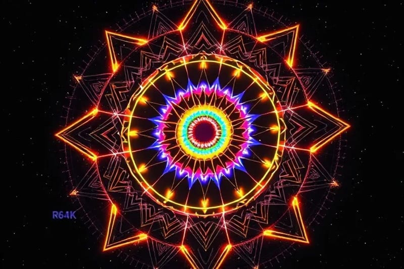 3D render of abstract vibrational frequencies interacting with glowing sacred geometry in a cosmic setting.