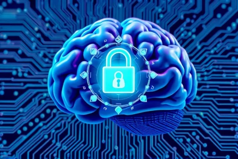 Cerebro humano con candado digital y elementos de seguridad