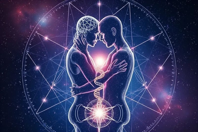 Digital painting depicting two luminous figures intertwined, with symbolic representations of Eris, Makemake, and Haumea integrated into their energetic fields.