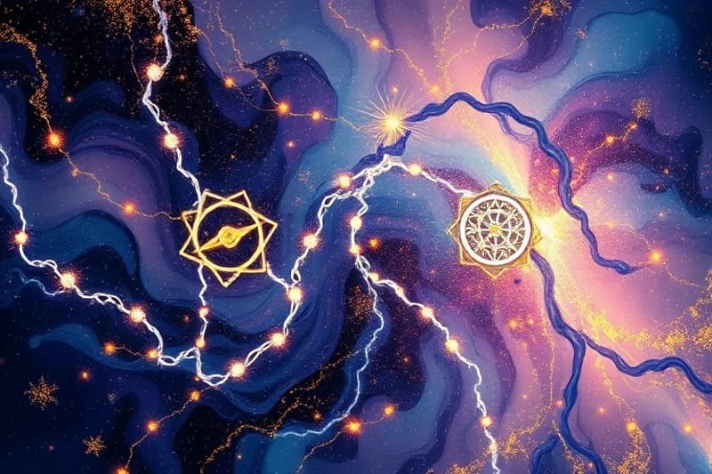 Abstract 3D render of an intricate web of glowing crystalline threads, representing soul contracts, with embedded symbols for Eris, Makemake, and Haumea.