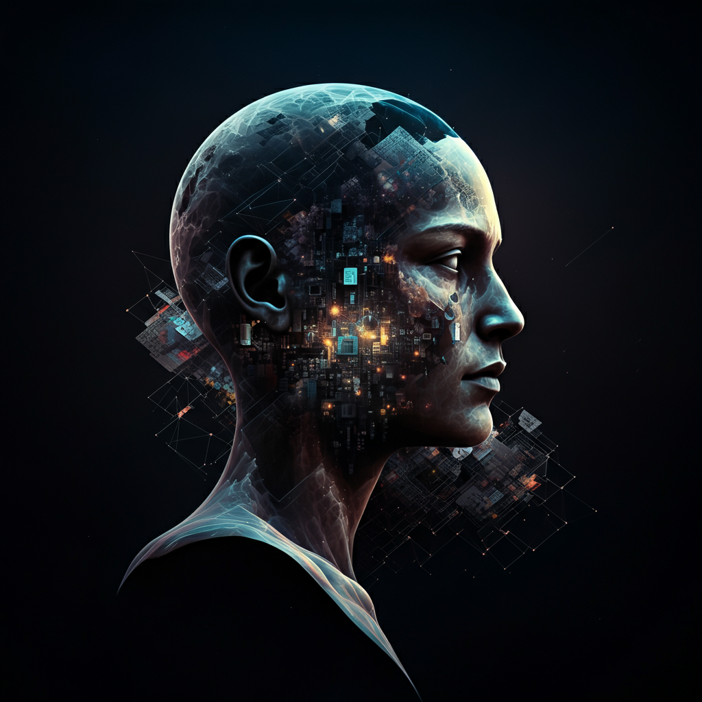 Representación abstracta de la complejidad de los factores psicosociales y ambientales interactuando, utilizando elementos tecnológicos y redes interconectadas que simbolizan la influencia del entorno en el comportamiento humano.