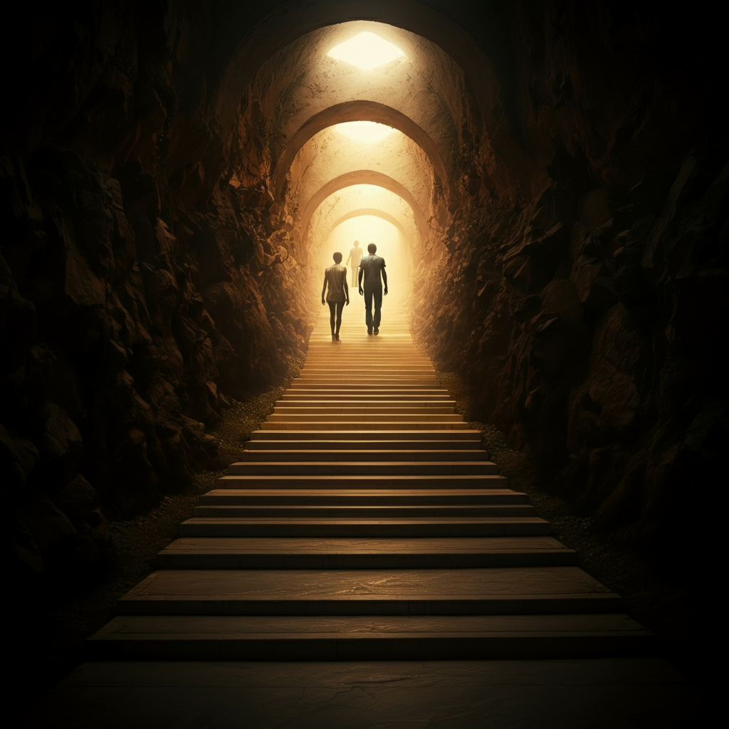 Metáfora visual de un camino ascendente y luminoso, con figuras abstractas que representan personas en diversas etapas de recuperación, simbolizando el progreso y la esperanza en el tratamiento de adicciones.