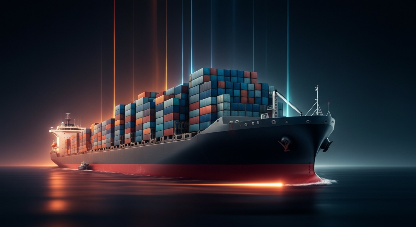 Representación abstracta de la jerarquía de créditos navales, con diferentes capas de luz y color convergiendo en un buque