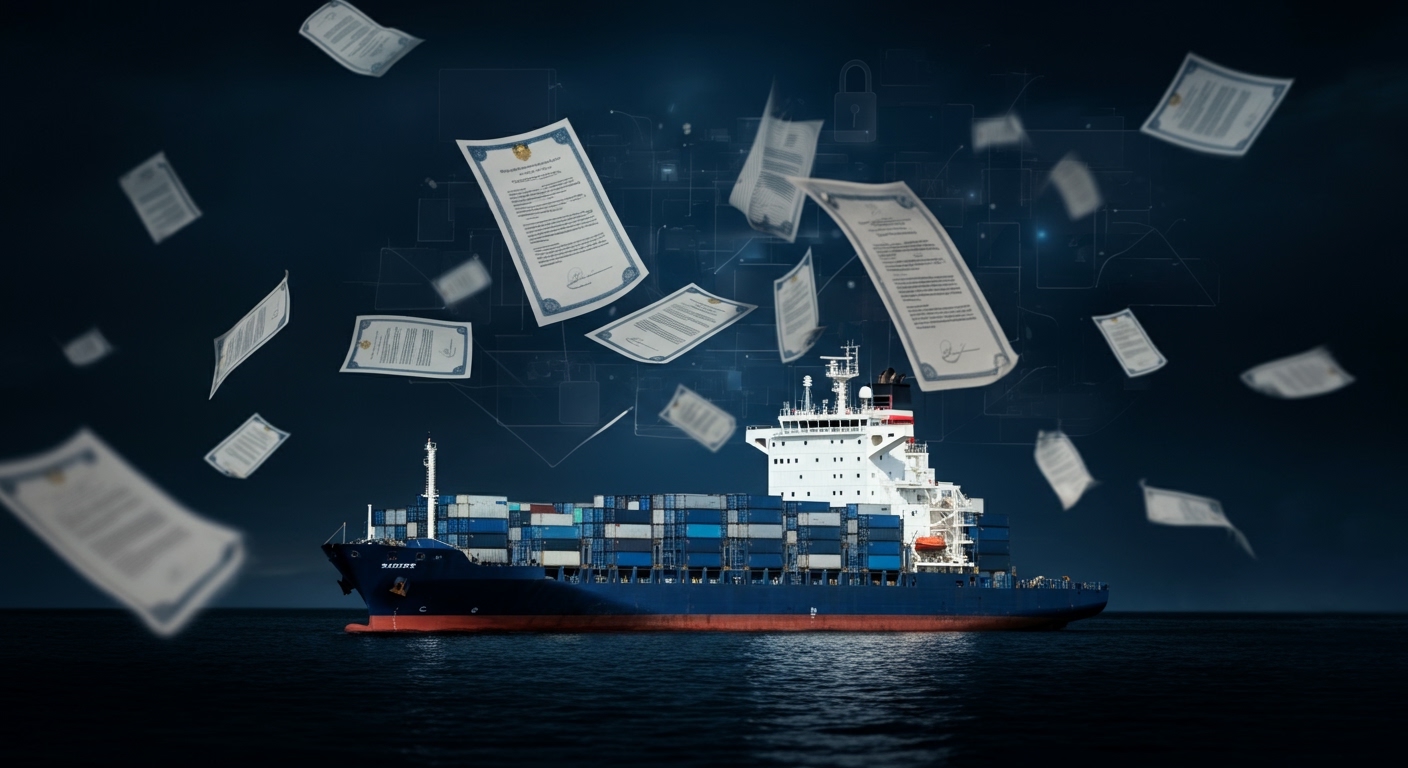 Representación abstracta de documentos legales y certificados flotando alrededor de un buque de carga digital, simbolizando la prueba de créditos navales