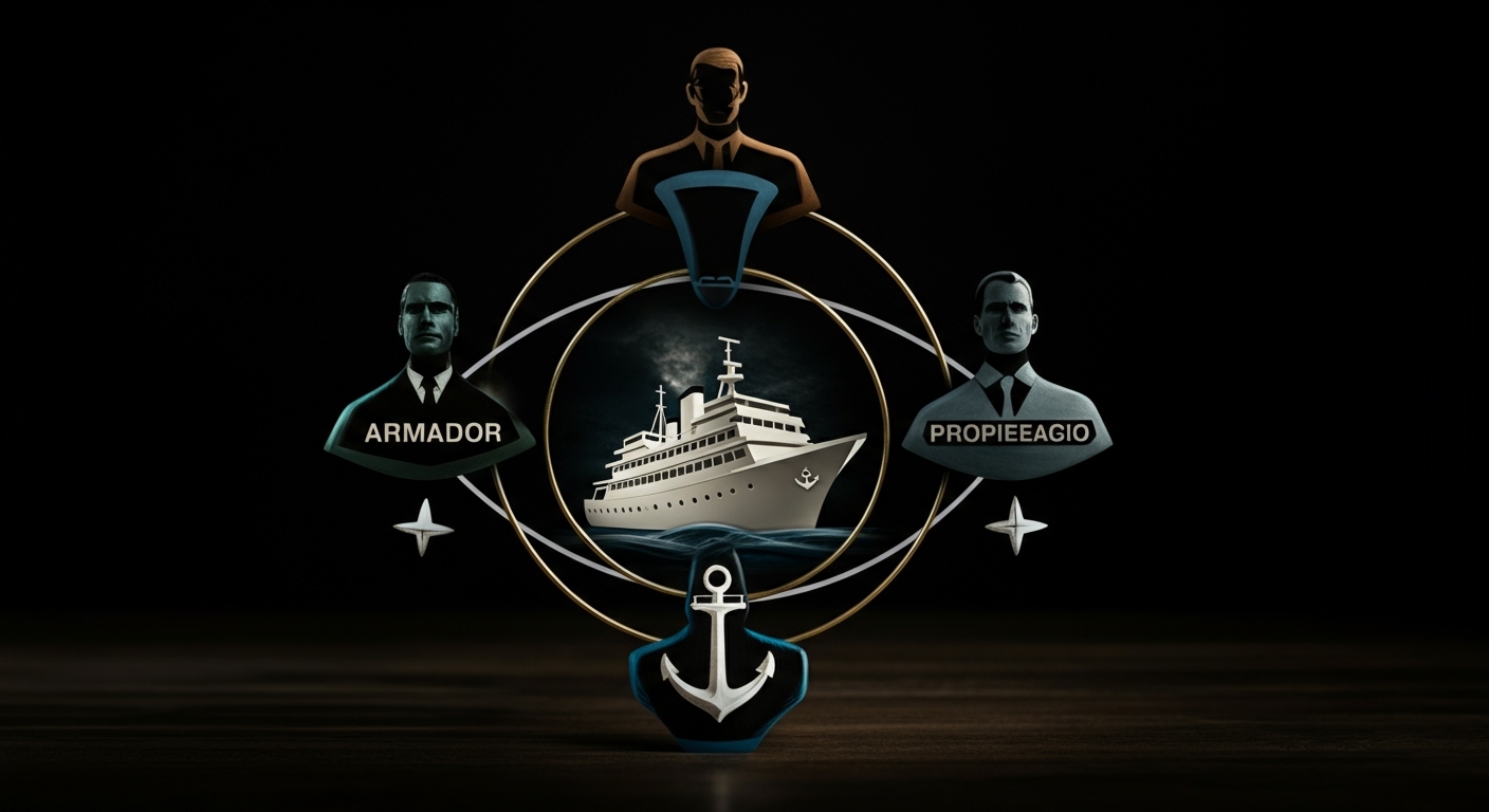 Representación abstracta de un gráfico complejo de relaciones legales, con figuras humanas y un buque en el centro, simbolizando las implicaciones de los privilegios navales para armadores y propietarios
