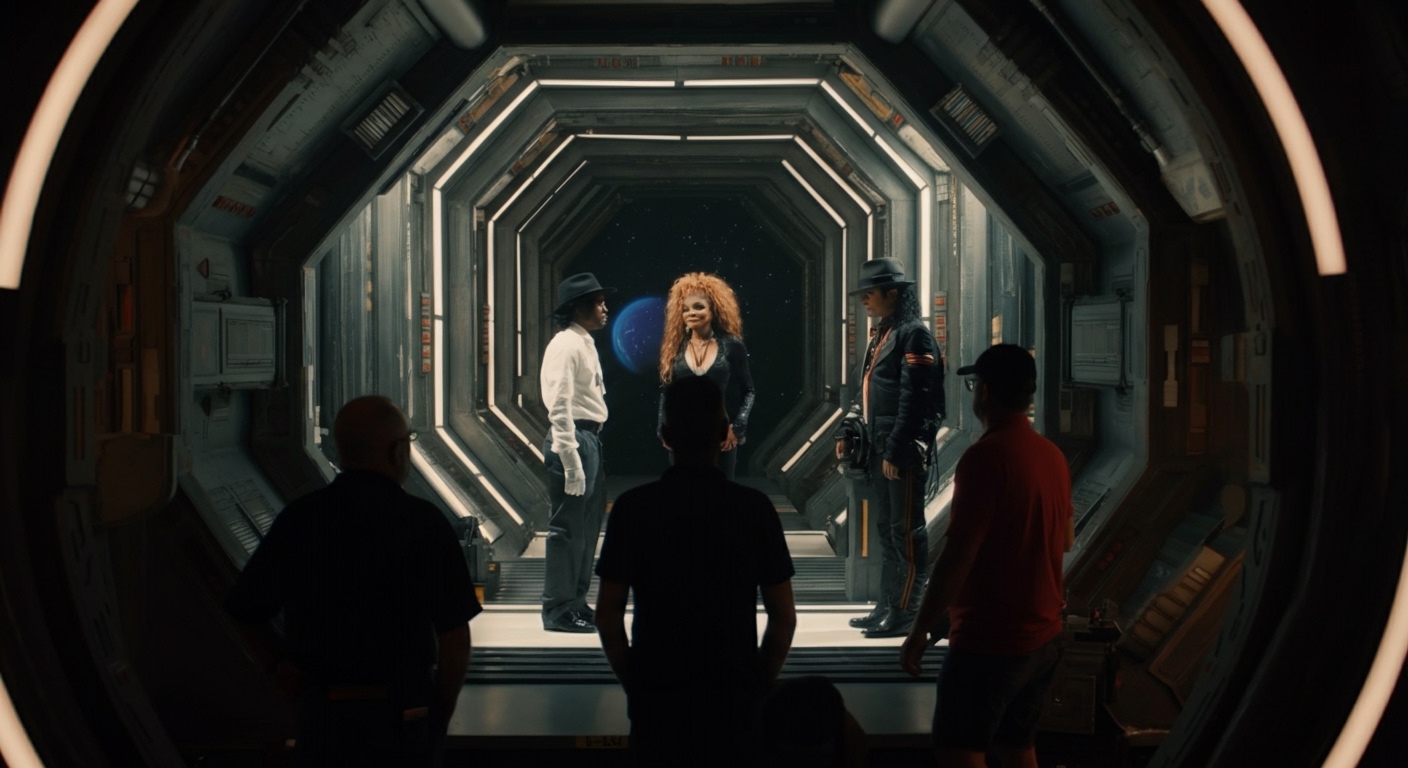Una vista detrás de cámaras del set de 'Scream', mostrando a Michael Jackson y Janet Jackson interactuando con el director y el equipo en un complejo escenario de nave espacial. Resalta la escala de la producción.