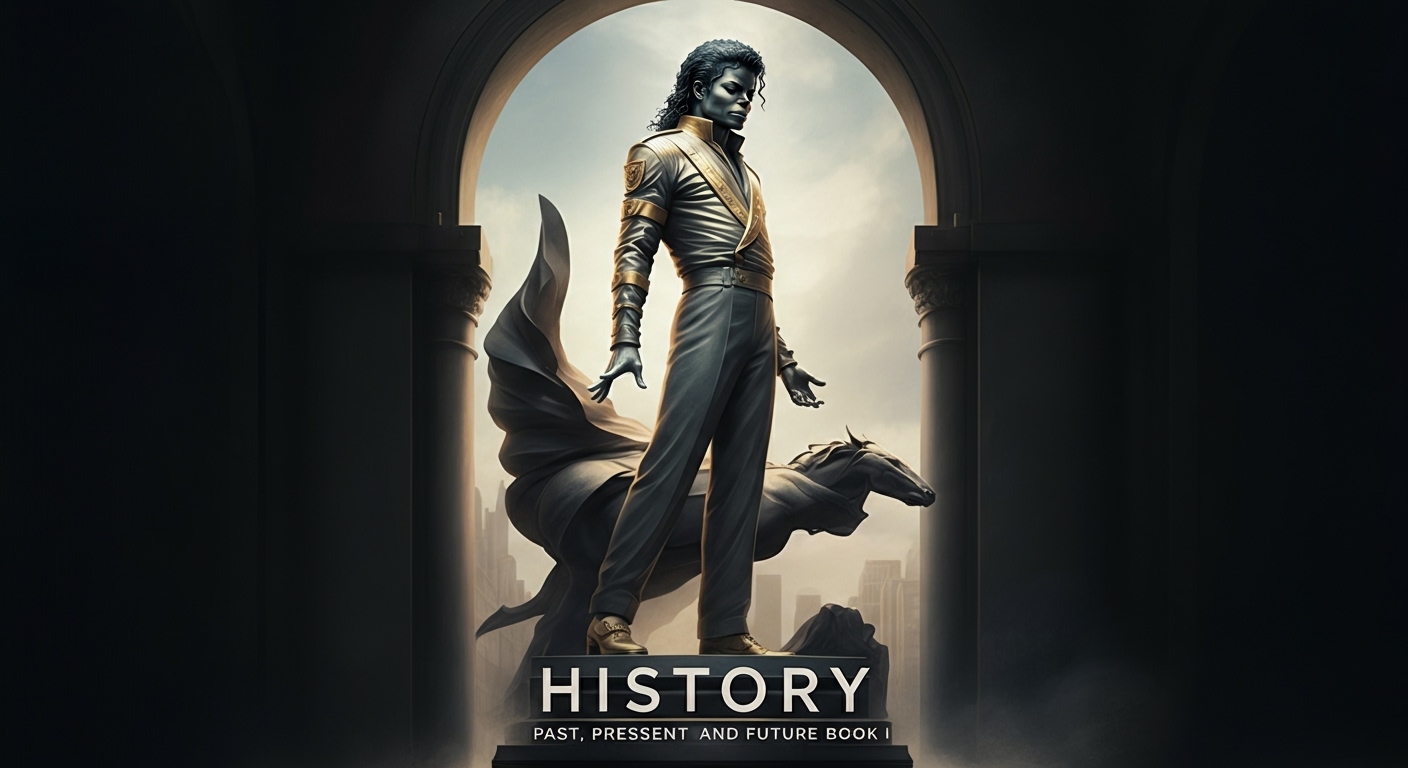 La icónica portada del álbum 'HIStory: Past, Present and Future, Book I', mostrando una estatua de Michael Jackson en una pose majestuosa. Refleja la magnitud y el mensaje épico del disco del que 'Scream' forma parte.