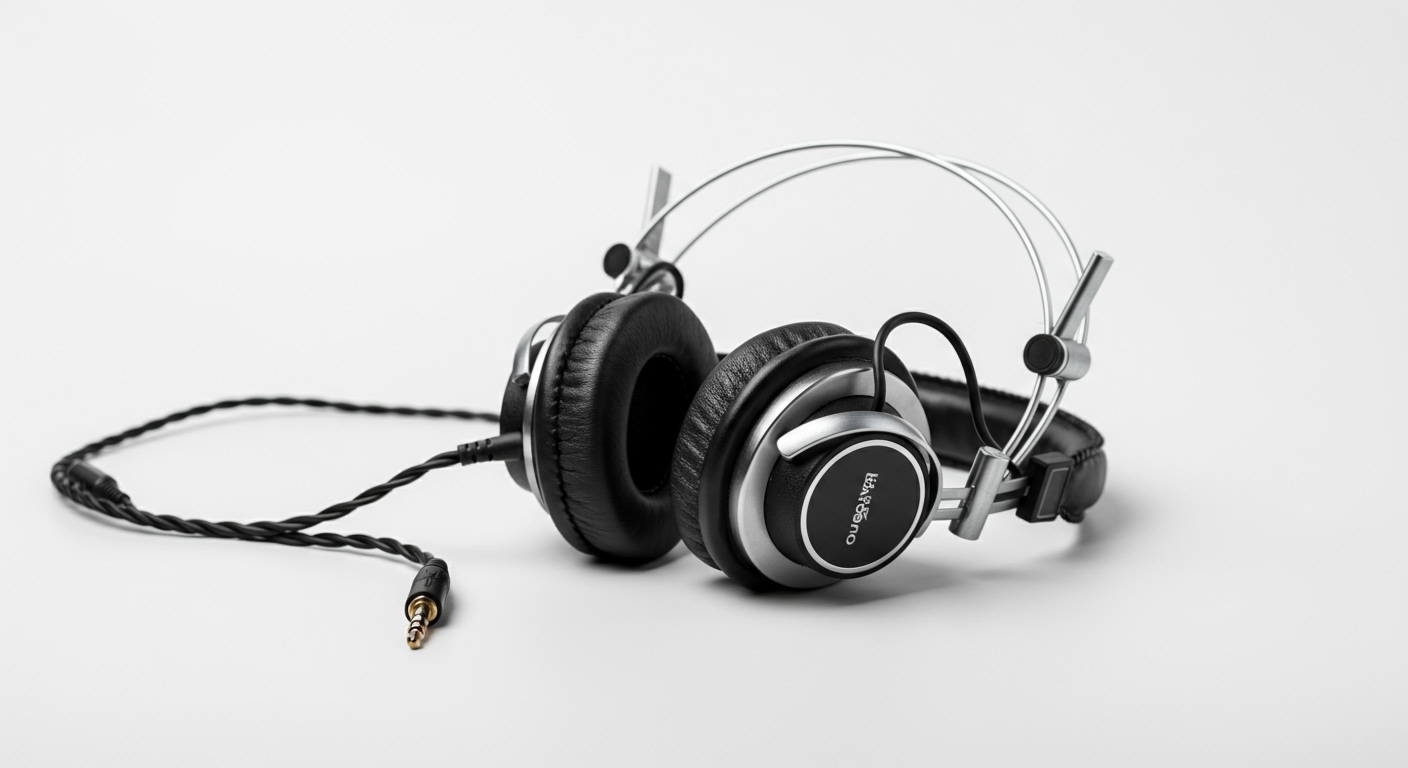Un par de auriculares de estudio vintage con almohadillas de cuero desgastado y una diadema metálica, posados sobre una mesa de mezclas en un ambiente de estudio.