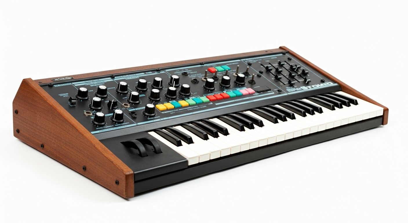 A detailed close-up of a vintage analog synthesizer keyboard with many knobs and colorful buttons, on a pristine white background