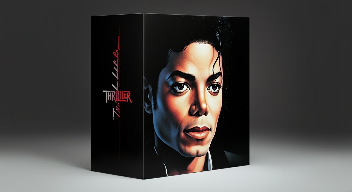 Close-up of the iconic 'Thriller' vinyl record album cover, featuring Michael Jackson's face, on a brightly lit white surface